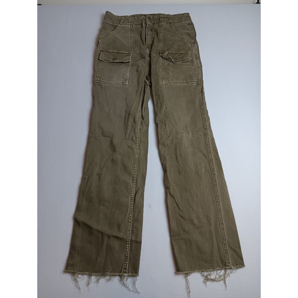 Pilcro Anthropologie Womens 28 Olive Green Cargo Utility Wide Leg Pants Raw Hem